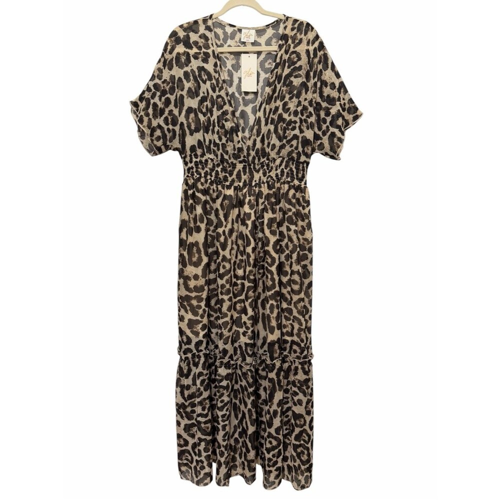 GLM Leopard Animal Print Tiered Maxi Dress Size XXL V Neck Short Slv Lightweight